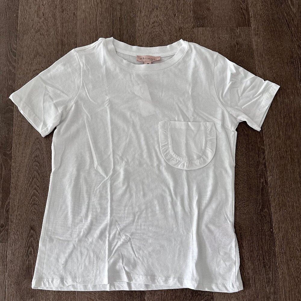 PHILOSOPHY White Women's Ruffle Pocket Short Sleeve Tee/T-Shirt Size Small